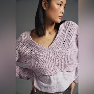 Anthropologie Layered Knit Crop Sweater Lavender Floral Trim Shirt XXS